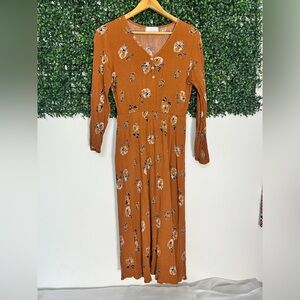 Stitchfix French Grey Brown Floral MIDI Cottagecore Milkmaid Dress Size Large